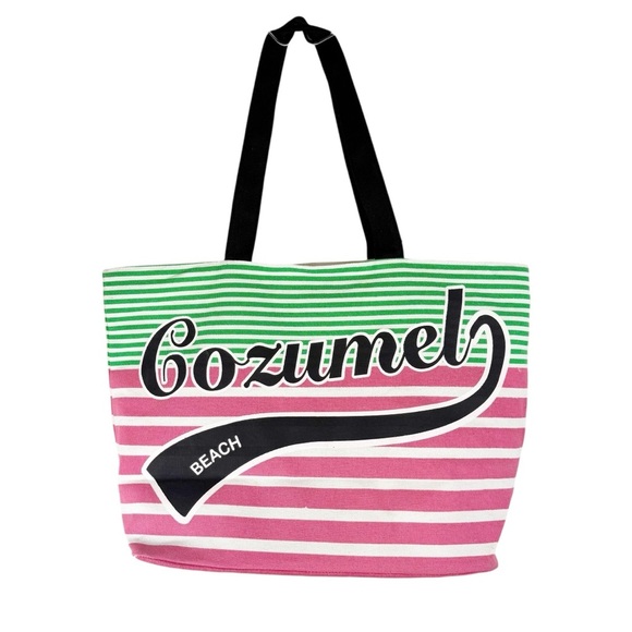 Cozumel Beach Island Bags Green, Pink and White Stripe Canvas Vacation Tote Bag. - Picture 1 of 7